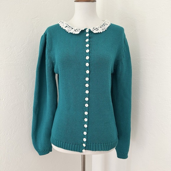 Cambridge Spirit Sweaters - Vtg Cambridge Spirit Sweater Womens Medium Green Grannycore Cottagecore Lace